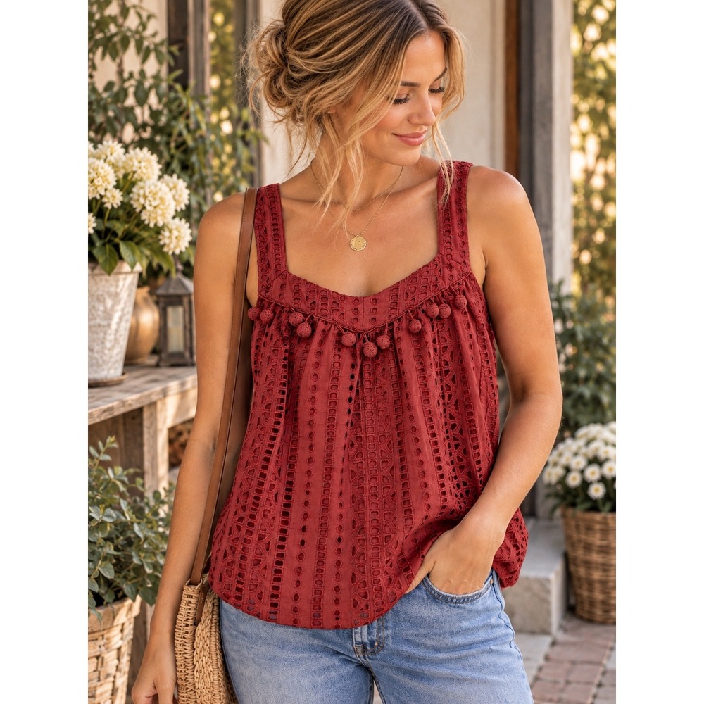 Sundance Women's Small Rust Eyelet Embroidered Cotton Tank Top Boho Pom Pom